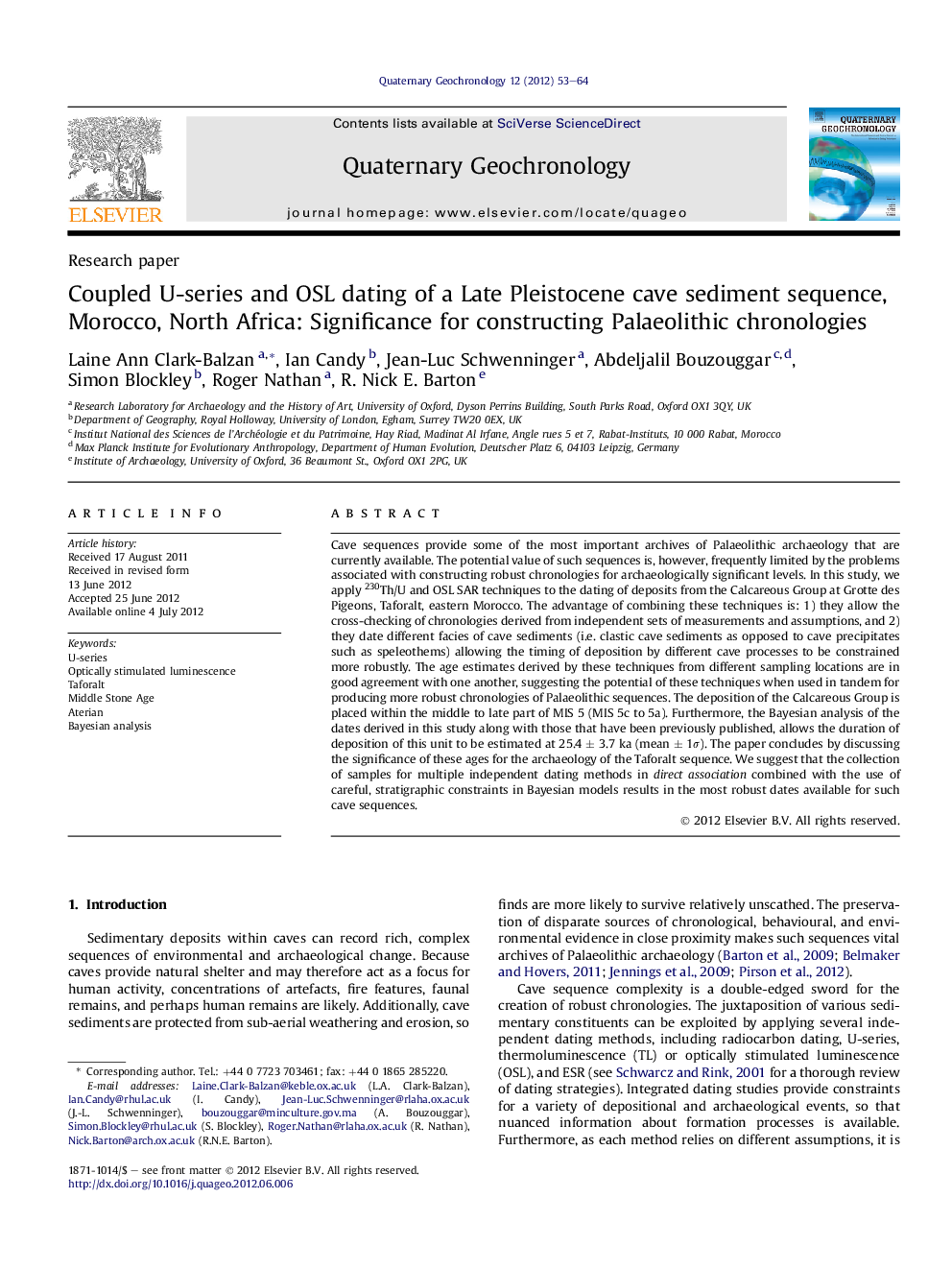 Coupled U-series and OSL dating of a Late Pleistocene cave sediment sequence, Morocco, North Africa: Significance for constructing Palaeolithic chronologies