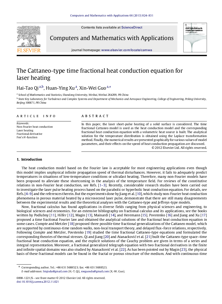 The Cattaneo-type time fractional heat conduction equation for laser heating