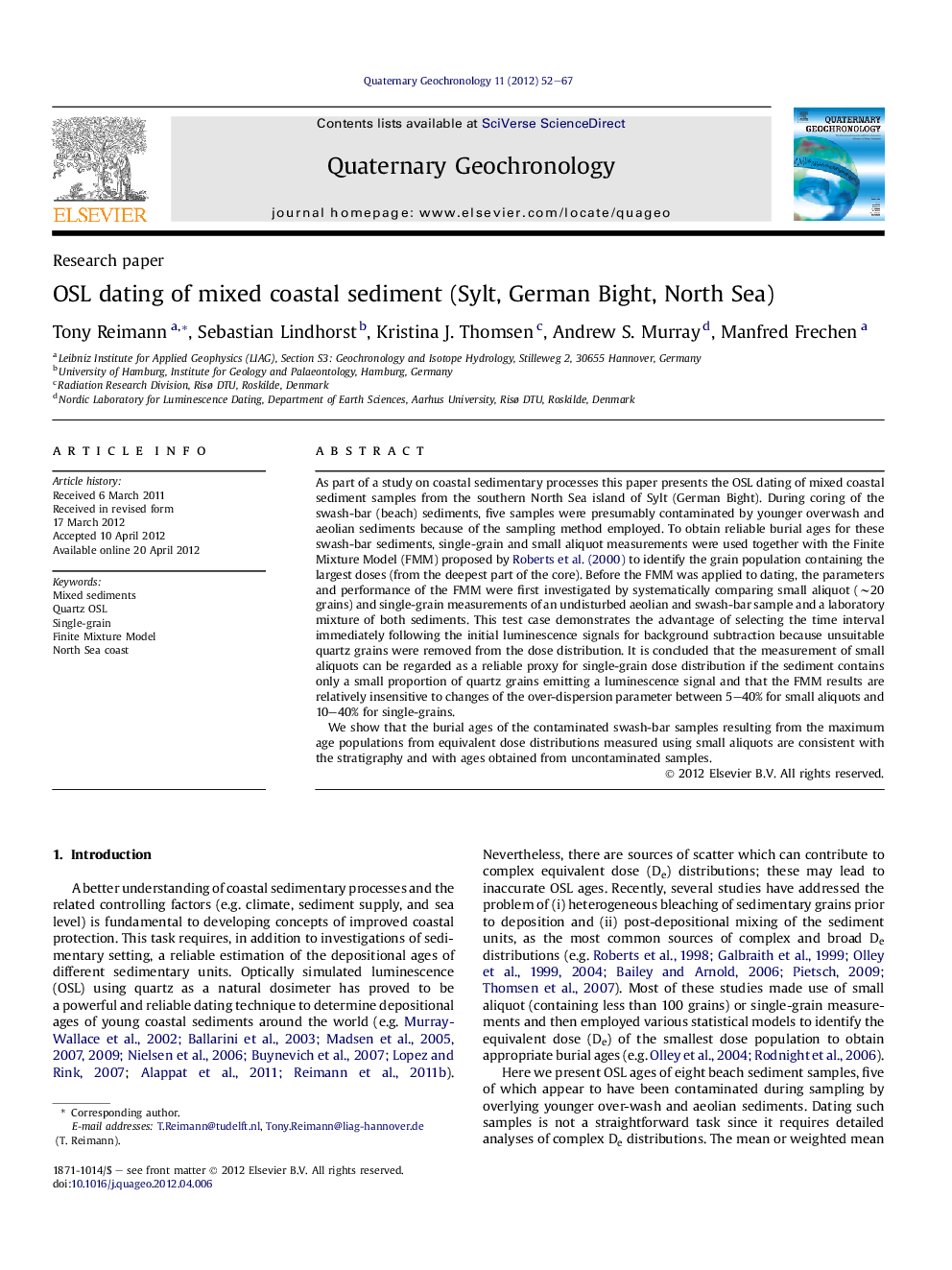 OSL dating of mixed coastal sediment (Sylt, German Bight, North Sea)