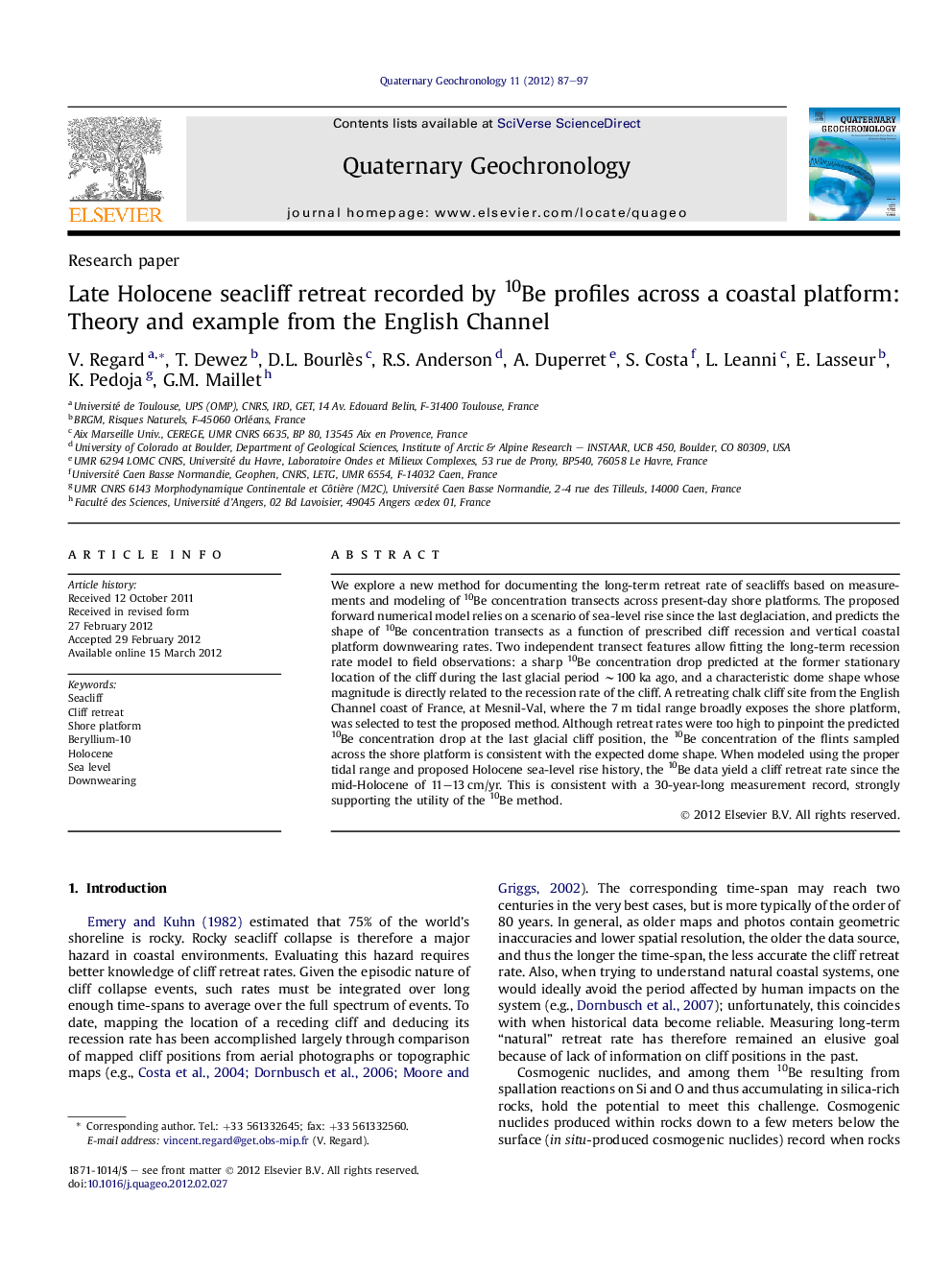 Late Holocene seacliff retreat recorded by 10Be profiles across a coastal platform: Theory and example from the English Channel