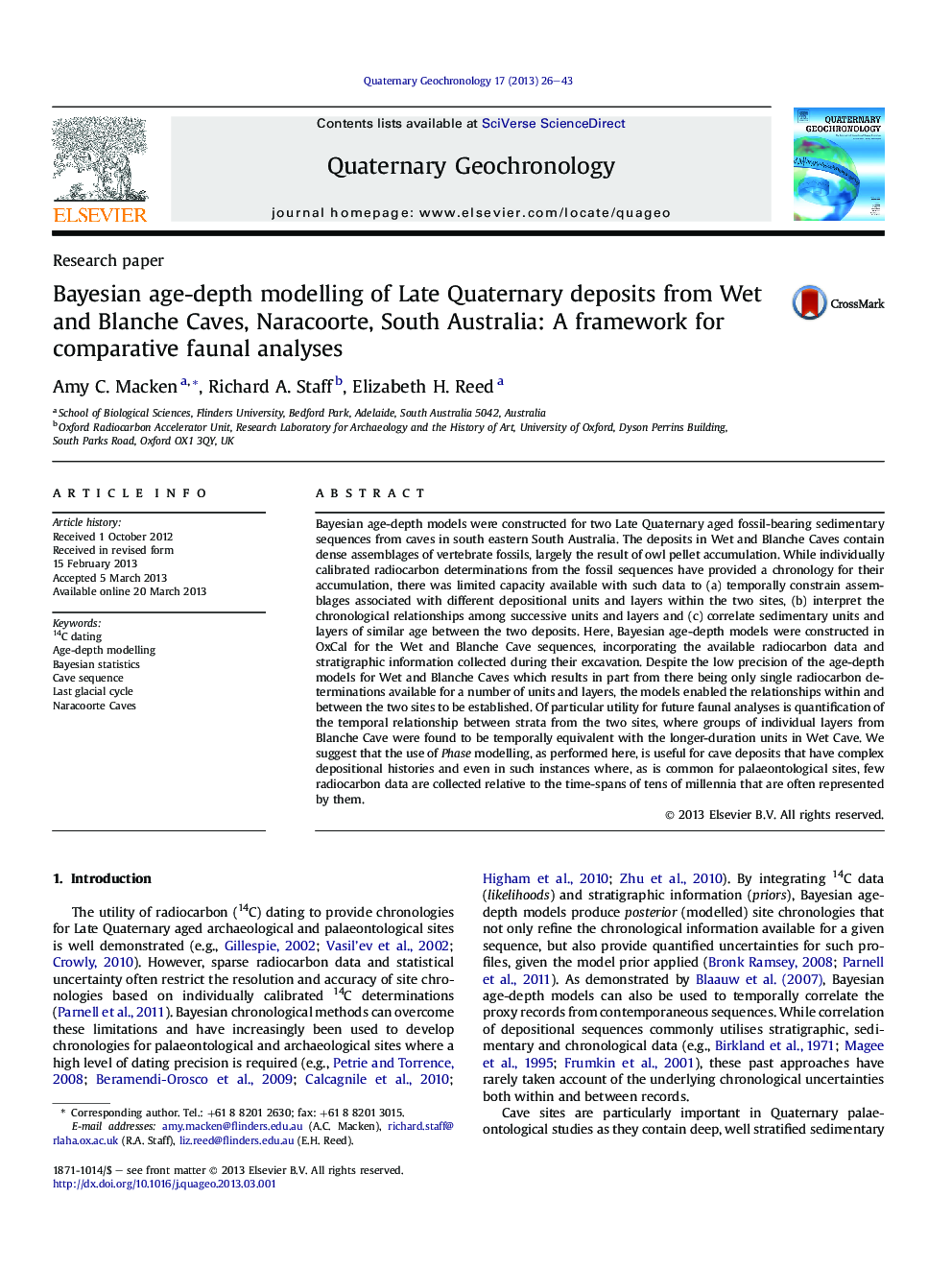 Bayesian age-depth modelling of Late Quaternary deposits from Wet and Blanche Caves, Naracoorte, South Australia: A framework for comparative faunal analyses