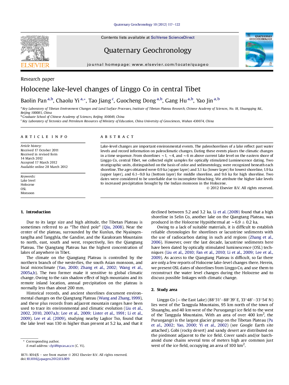 Holocene lake-level changes of Linggo Co in central Tibet