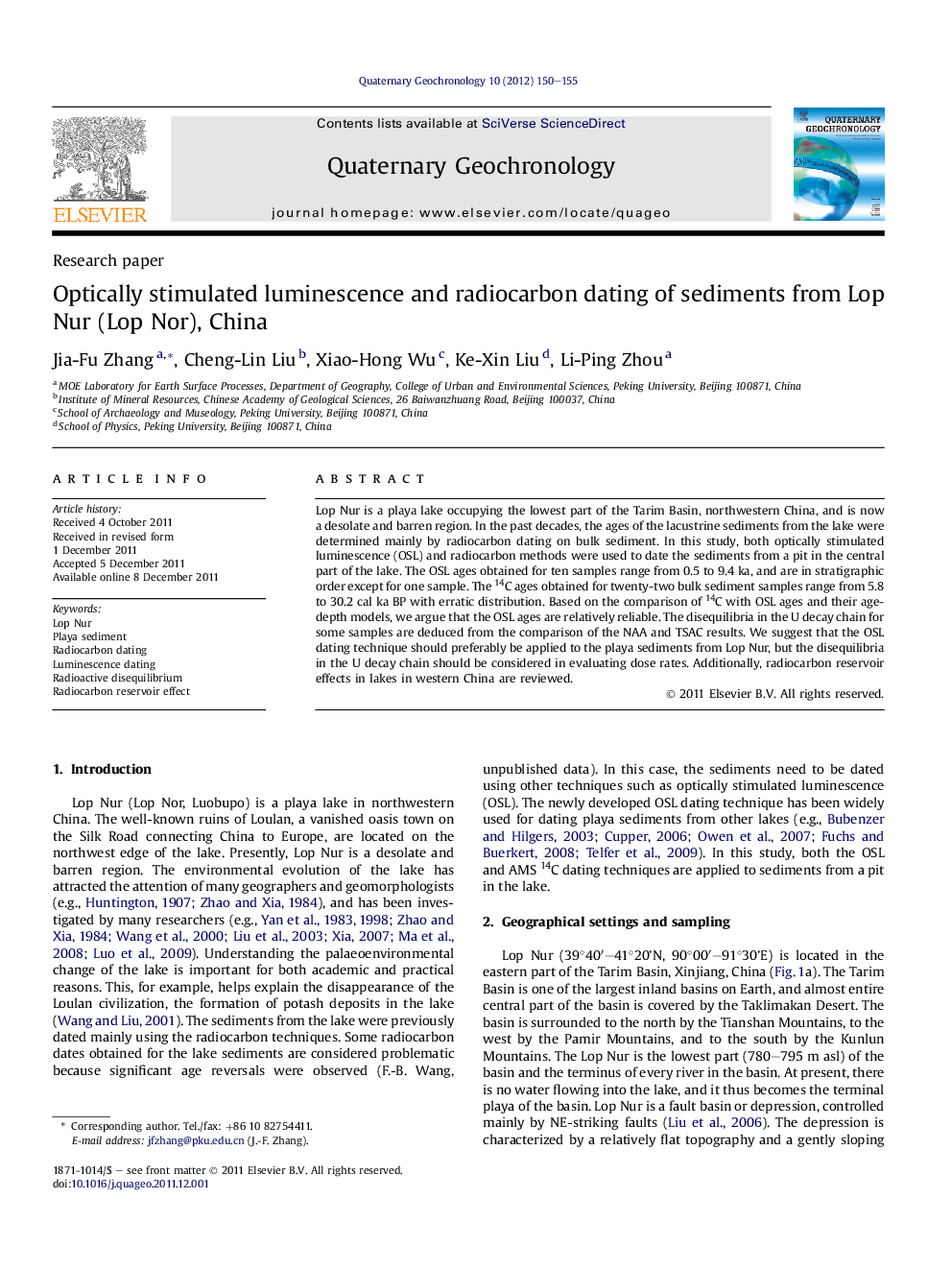 Optically stimulated luminescence and radiocarbon dating of sediments from Lop Nur (Lop Nor), China