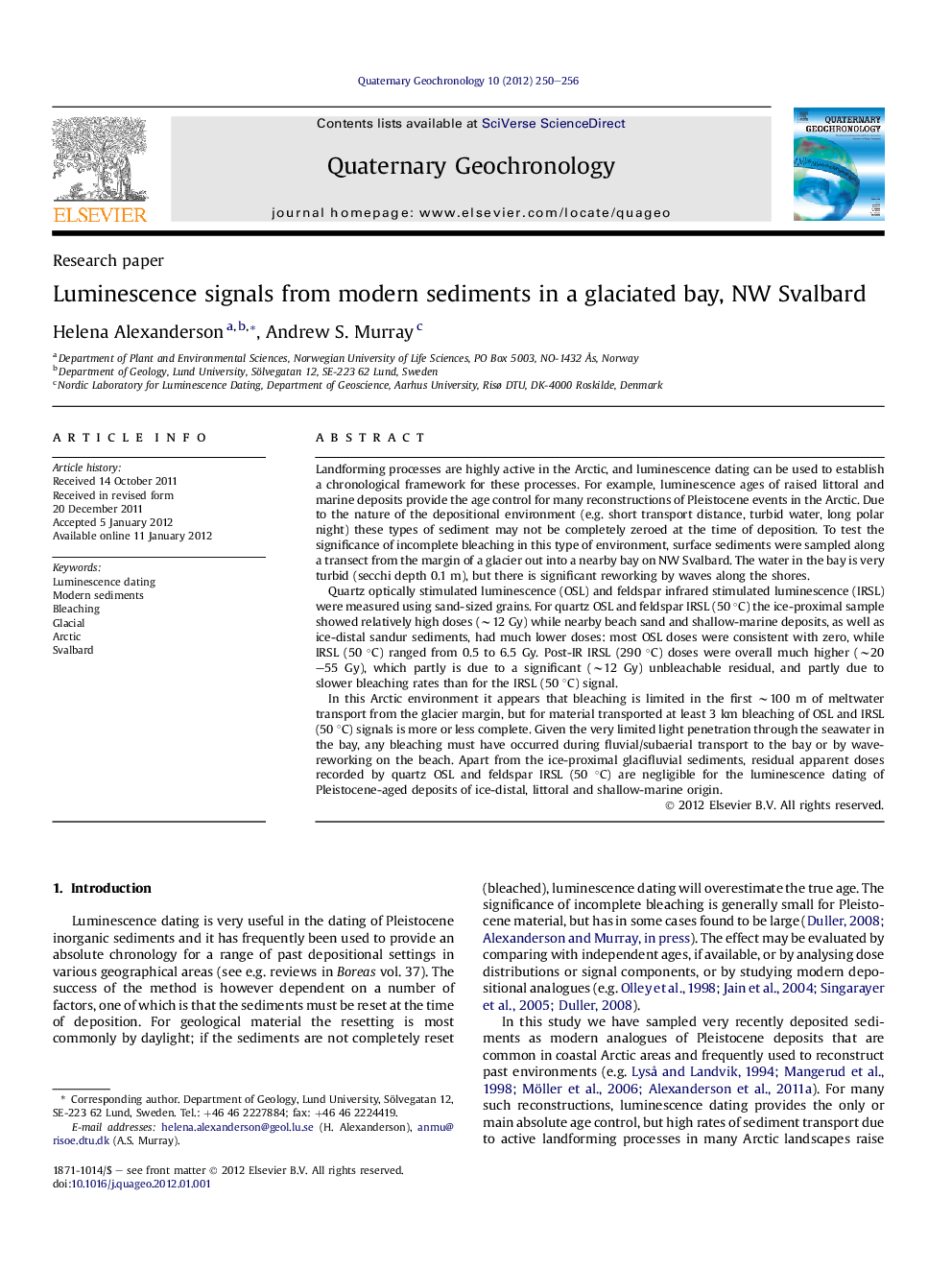 عکس صفحه اول مقاله: Luminescence signals from modern sediments in a glaciated bay, NW Svalbard Luminescence signals from modern sediments in a glaciated bay, NW Svalbard