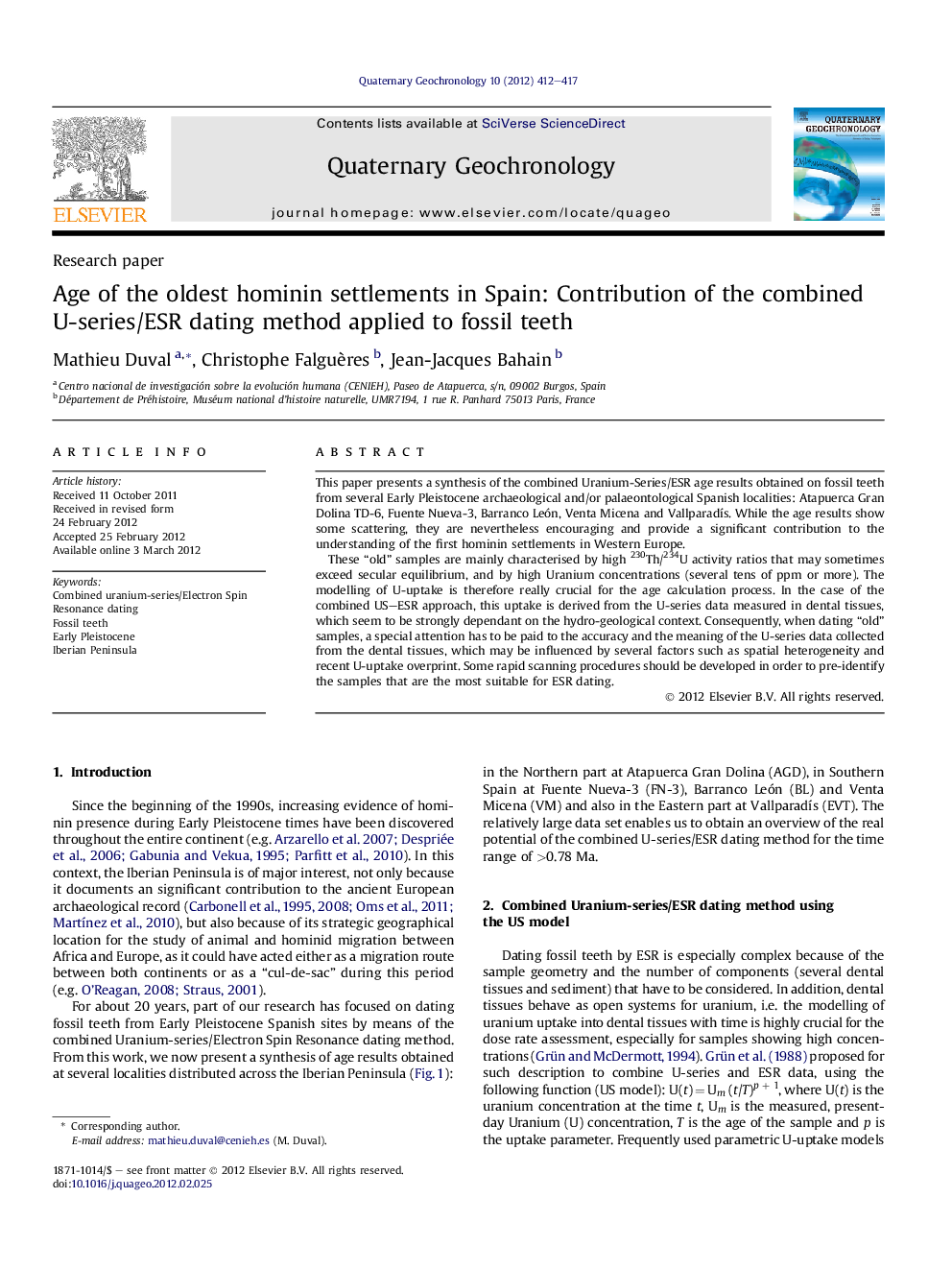 Age of the oldest hominin settlements in Spain: Contribution of the combined U-series/ESR dating method applied to fossil teeth