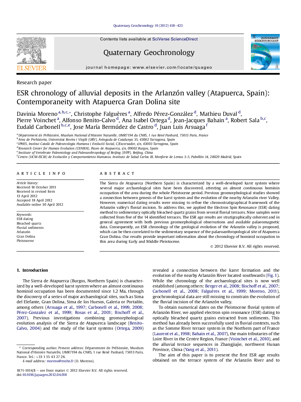 ESR chronology of alluvial deposits in the Arlanzón valley (Atapuerca, Spain): Contemporaneity with Atapuerca Gran Dolina site