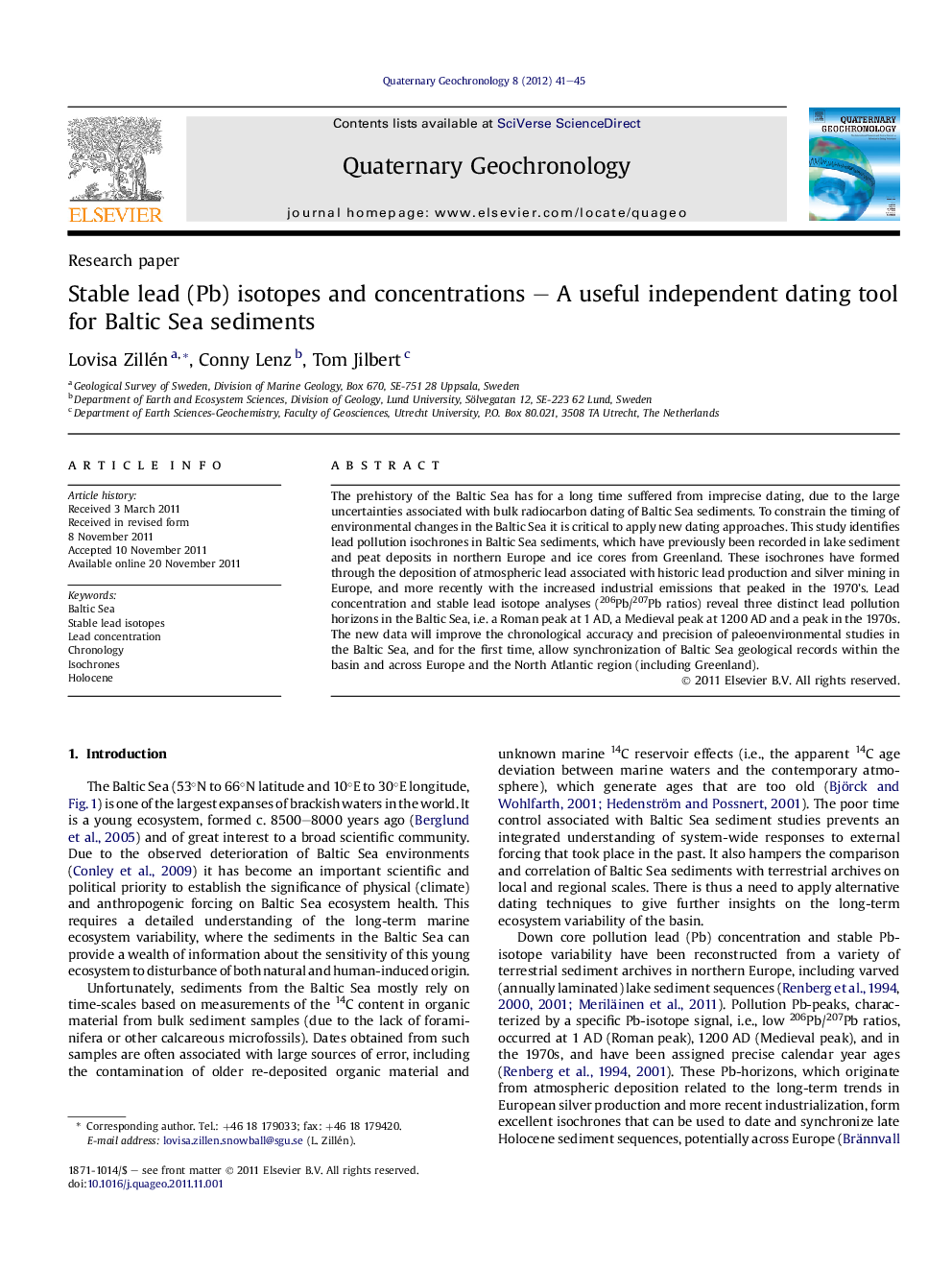 عکس صفحه اول مقاله: Stable lead (Pb) isotopes and concentrations – A useful independent dating tool for Baltic Sea sediments Stable lead (Pb) isotopes and concentrations – A useful independent dating tool for Baltic Sea sediments