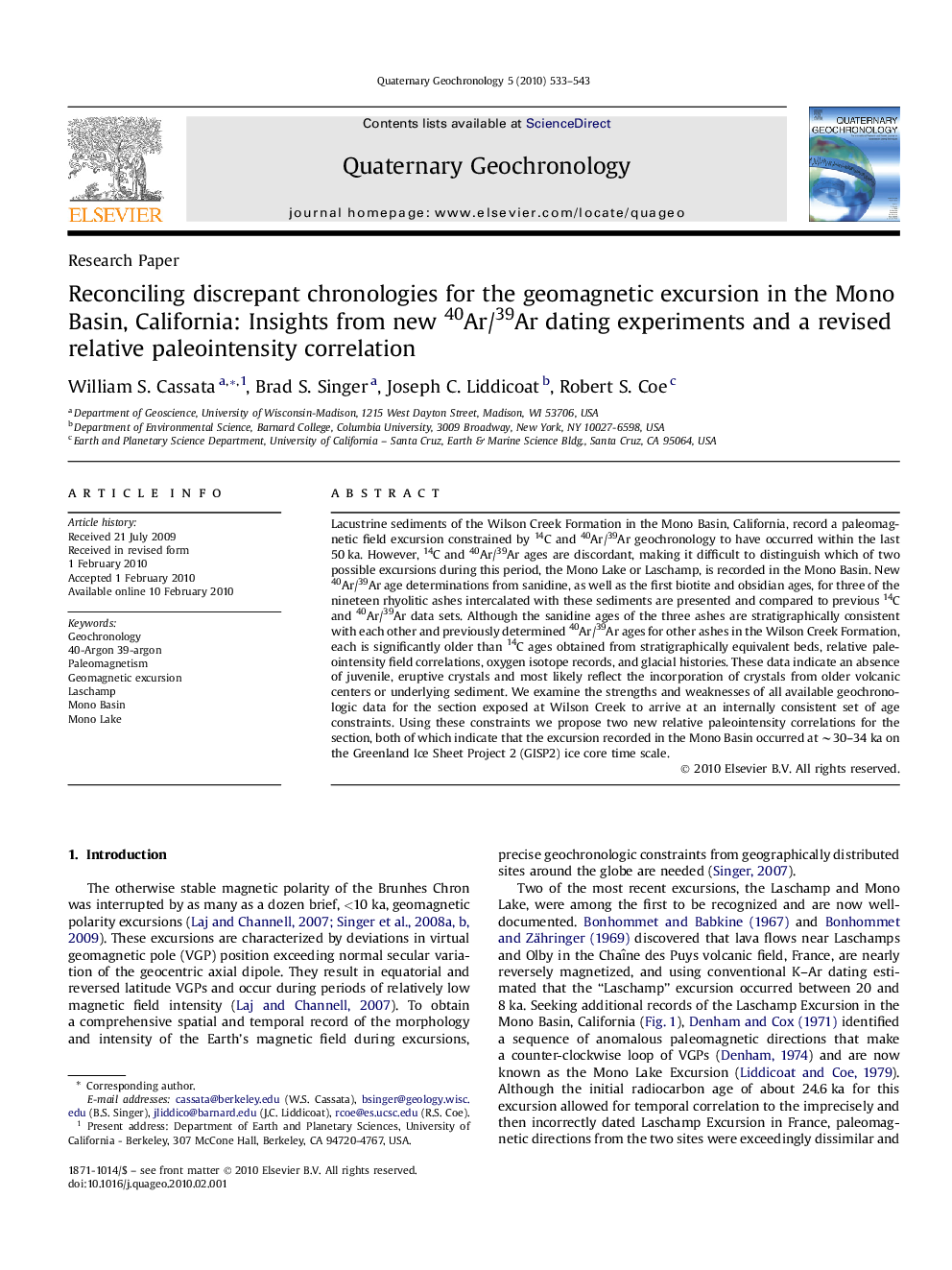 Reconciling discrepant chronologies for the geomagnetic excursion in the Mono Basin, California: Insights from new 40Ar/39Ar dating experiments and a revised relative paleointensity correlation