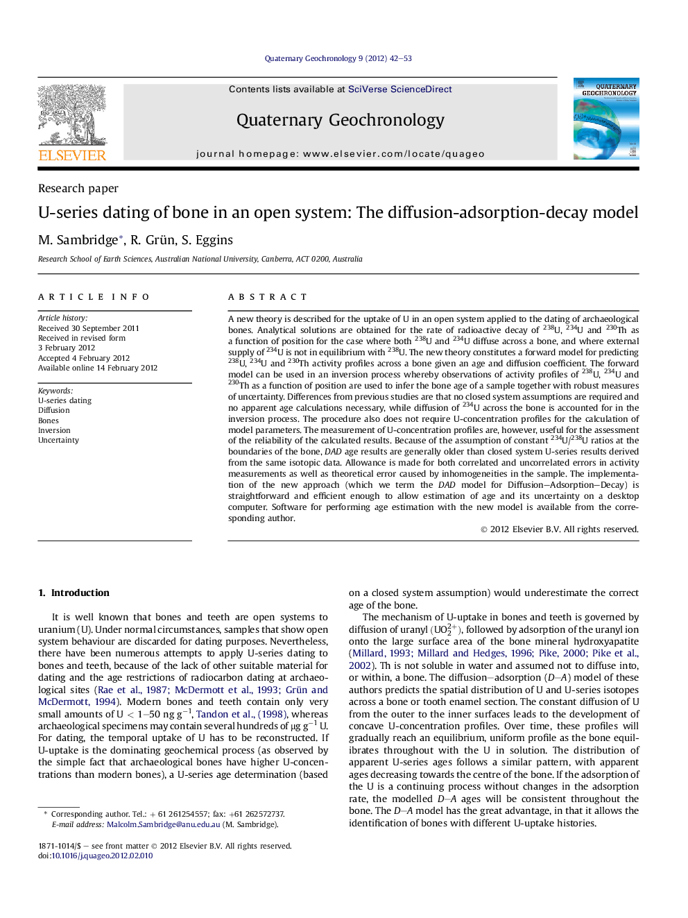 U-series dating of bone in an open system: The diffusion-adsorption-decay model