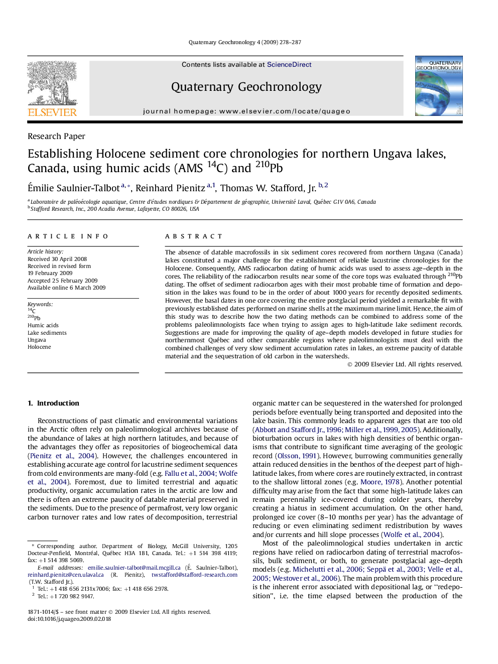 Establishing Holocene sediment core chronologies for northern Ungava lakes, Canada, using humic acids (AMS 14C) and 210Pb