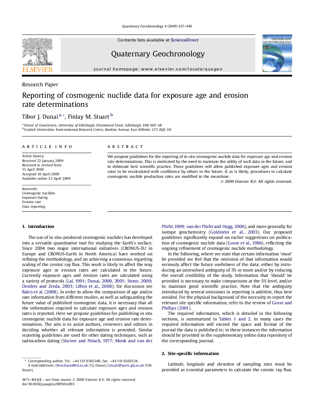 Reporting of cosmogenic nuclide data for exposure age and erosion rate determinations