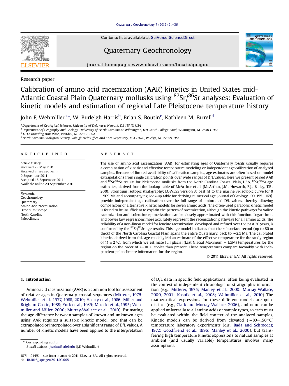 Calibration of amino acid racemization (AAR) kinetics in United States mid-Atlantic Coastal Plain Quaternary mollusks using 87Sr/86Sr analyses: Evaluation of kinetic models and estimation of regional Late Pleistocene temperature history