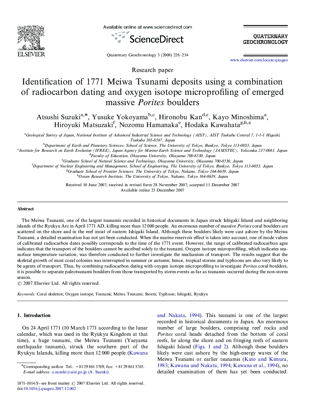 عکس صفحه اول مقاله: Identification of 1771 Meiwa Tsunami deposits using a combination of radiocarbon dating and oxygen isotope microprofiling of emerged massive Porites boulders Identification of 1771 Meiwa Tsunami deposits using a combination of radiocarbon dating and oxygen isotope microprofiling of emerged massive Porites boulders
