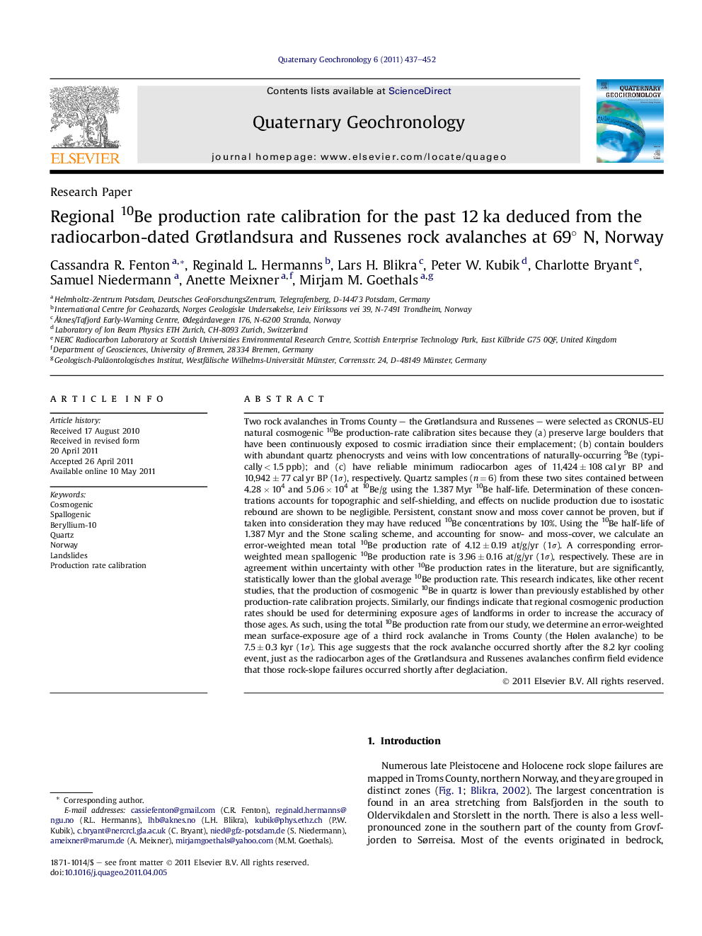 Regional 10Be production rate calibration for the past 12 ka deduced from the radiocarbon-dated Grøtlandsura and Russenes rock avalanches at 69° N, Norway