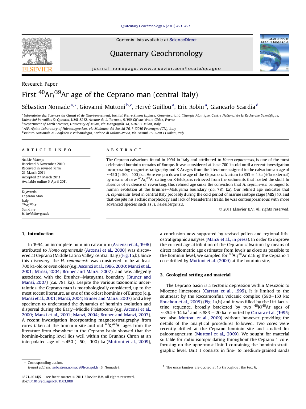 First 40Ar/39Ar age of the Ceprano man (central Italy)