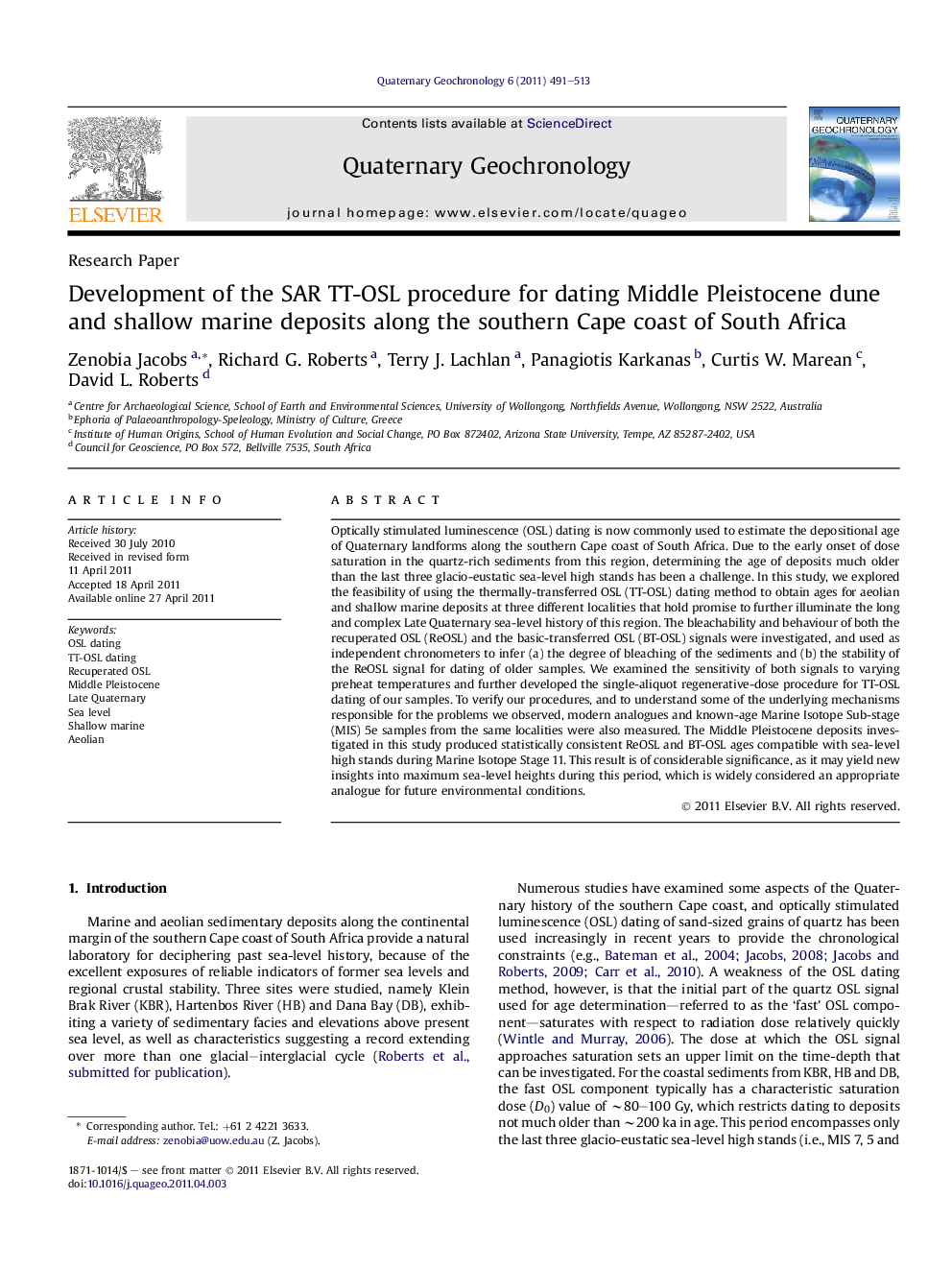 Development of the SAR TT-OSL procedure for dating Middle Pleistocene dune and shallow marine deposits along the southern Cape coast of South Africa