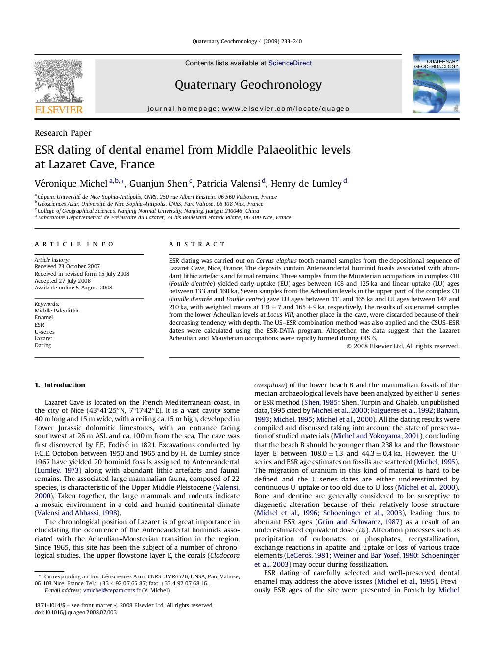 ESR dating of dental enamel from Middle Palaeolithic levels at Lazaret Cave, France