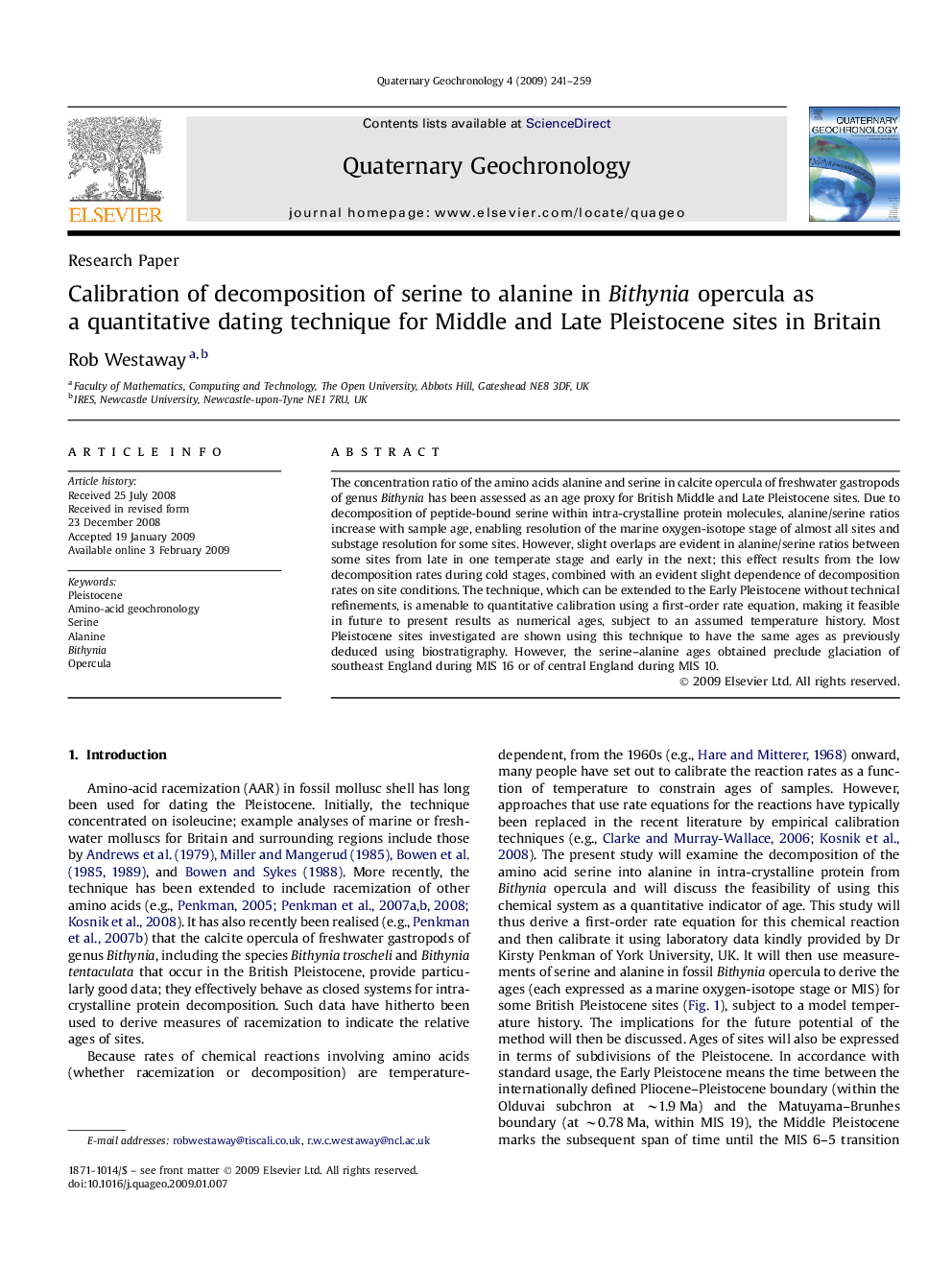 Calibration of decomposition of serine to alanine in Bithynia opercula as a quantitative dating technique for Middle and Late Pleistocene sites in Britain