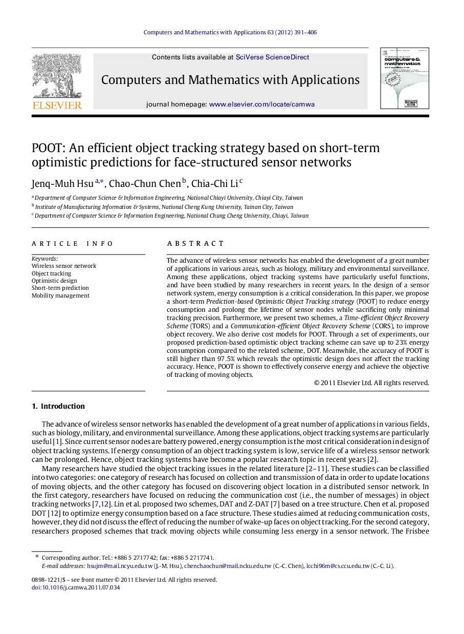 POOT: An efficient object tracking strategy based on short-term optimistic predictions for face-structured sensor networks