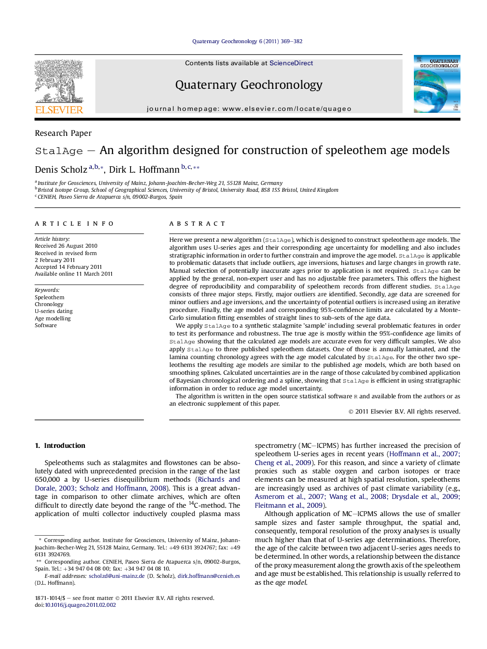 StalAge – An algorithm designed for construction of speleothem age models