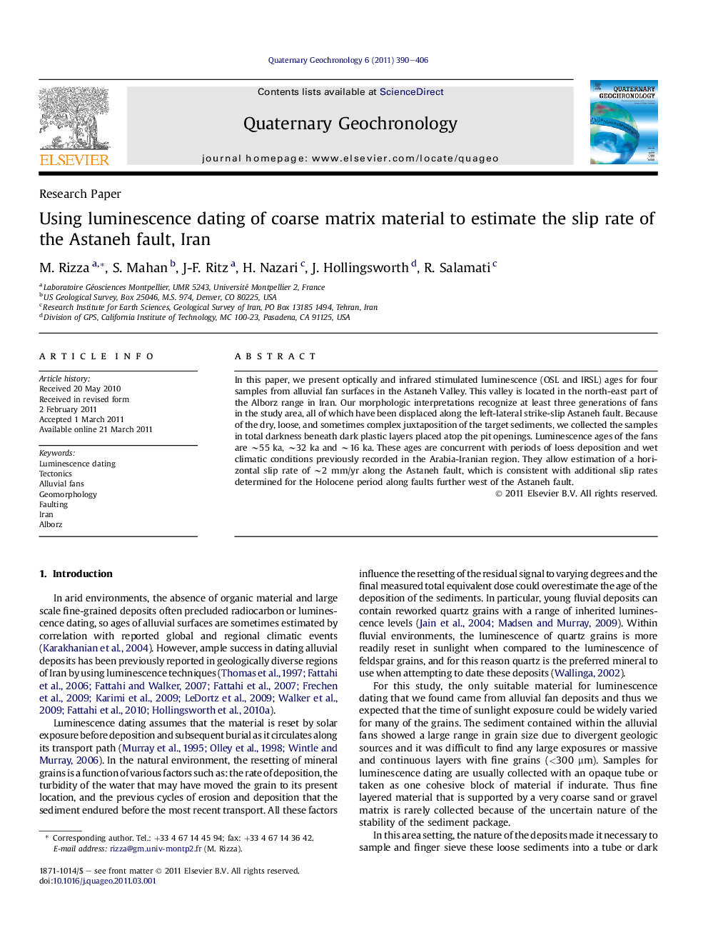 Using luminescence dating of coarse matrix material to estimate the slip rate of the Astaneh fault, Iran