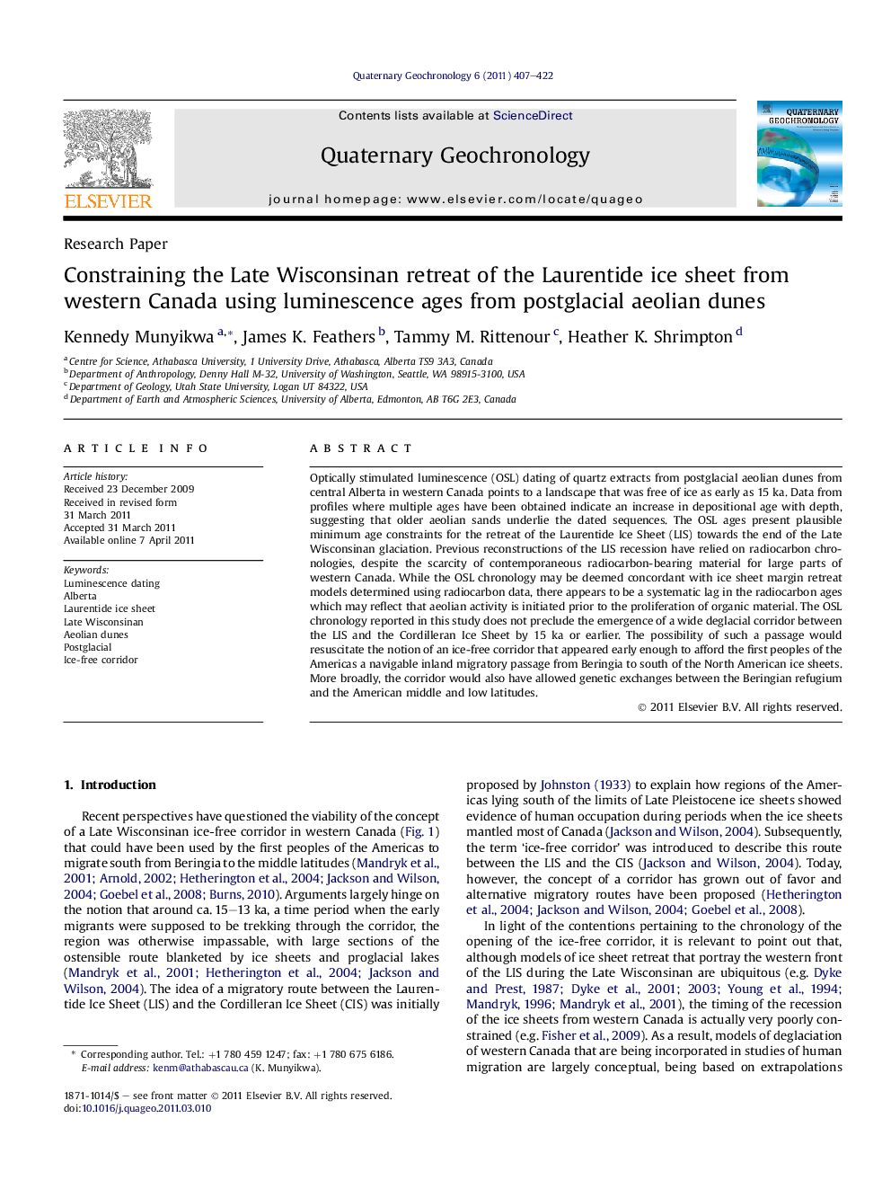 Constraining the Late Wisconsinan retreat of the Laurentide ice sheet from western Canada using luminescence ages from postglacial aeolian dunes