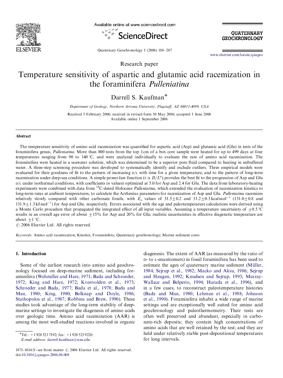 Temperature sensitivity of aspartic and glutamic acid racemization in the foraminifera Pulleniatina