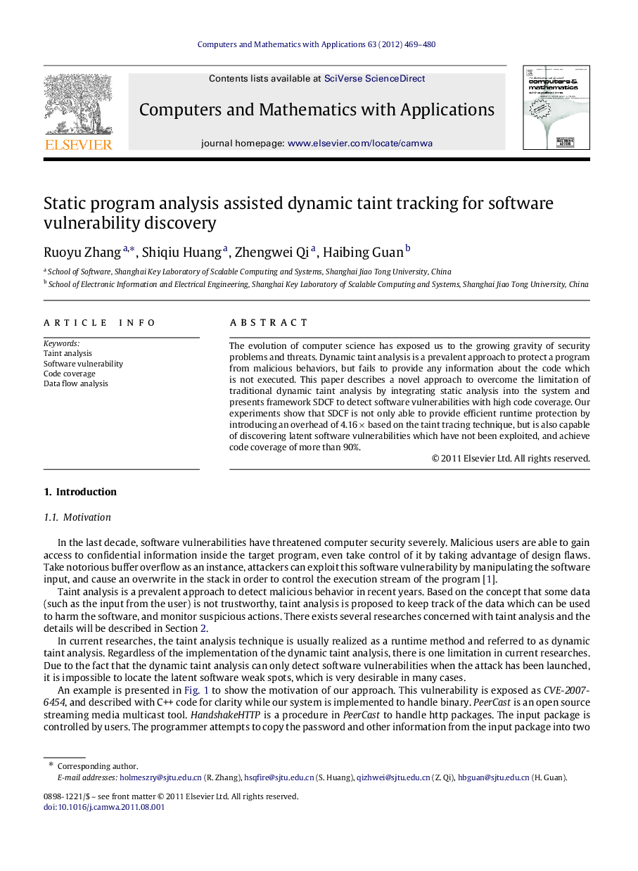 Static program analysis assisted dynamic taint tracking for software vulnerability discovery