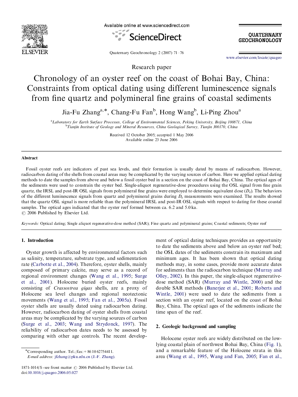 Chronology of an oyster reef on the coast of Bohai Bay, China: Constraints from optical dating using different luminescence signals from fine quartz and polymineral fine grains of coastal sediments