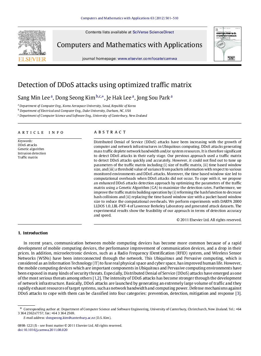 Detection of DDoS attacks using optimized traffic matrix