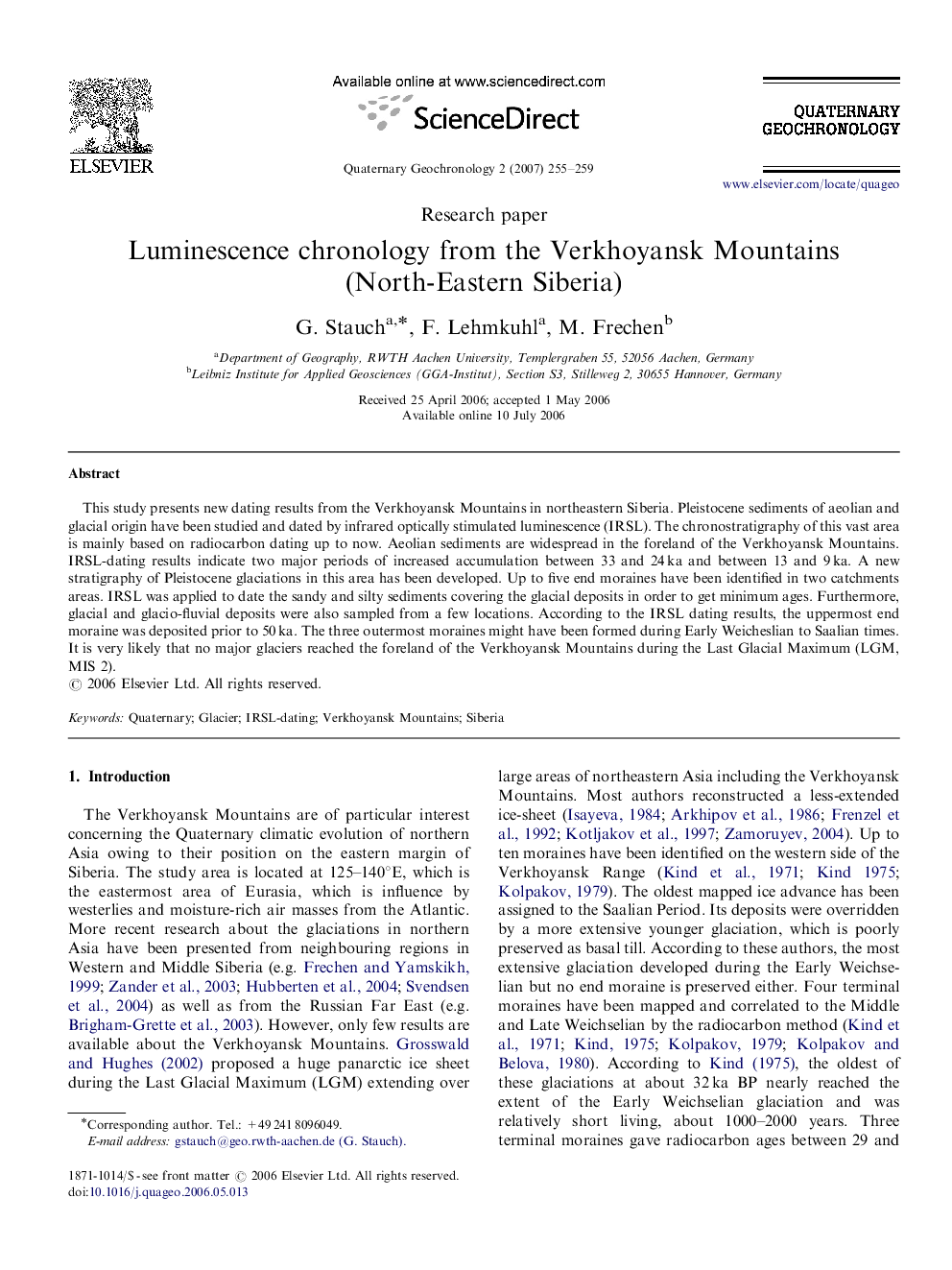 Luminescence chronology from the Verkhoyansk Mountains (North-Eastern Siberia)