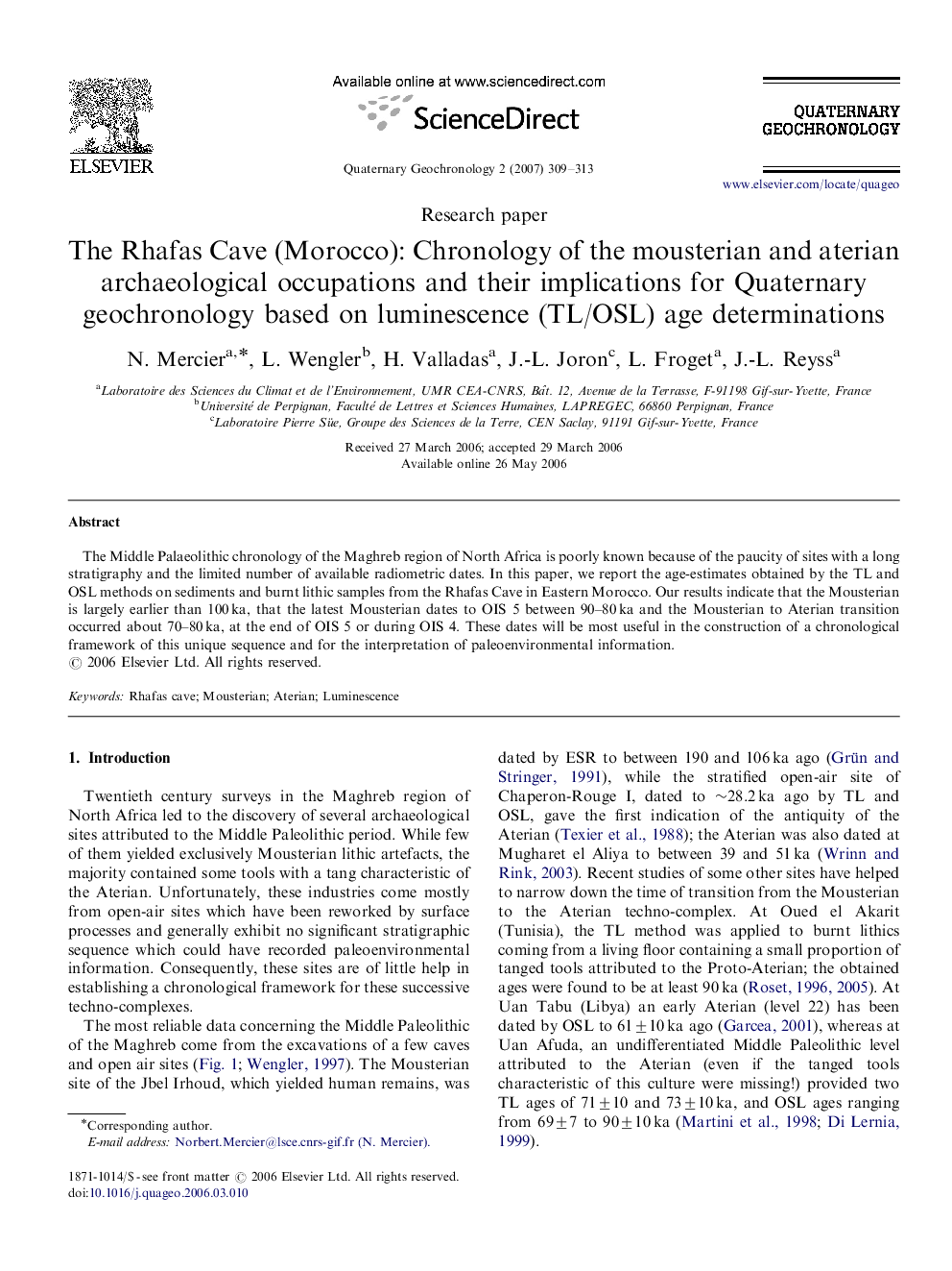 عکس صفحه اول مقاله: The Rhafas Cave (Morocco): Chronology of the mousterian and aterian archaeological occupations and their implications for Quaternary geochronology based on luminescence (TL/OSL) age determinations The Rhafas Cave (Morocco): Chronology of the mousterian and aterian archaeological occupations and their implications for Quaternary geochronology based on luminescence (TL/OSL) age determinations