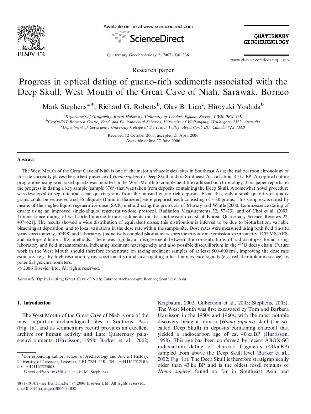 Progress in optical dating of guano-rich sediments associated with the Deep Skull, West Mouth of the Great Cave of Niah, Sarawak, Borneo