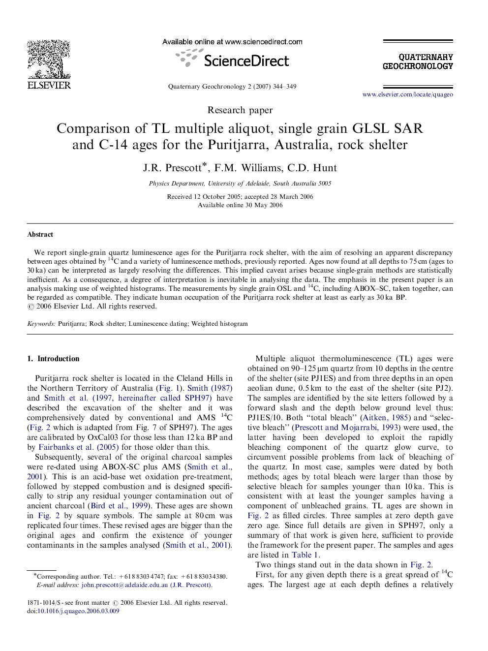 Comparison of TL multiple aliquot, single grain GLSL SAR and C-14 ages for the Puritjarra, Australia, rock shelter