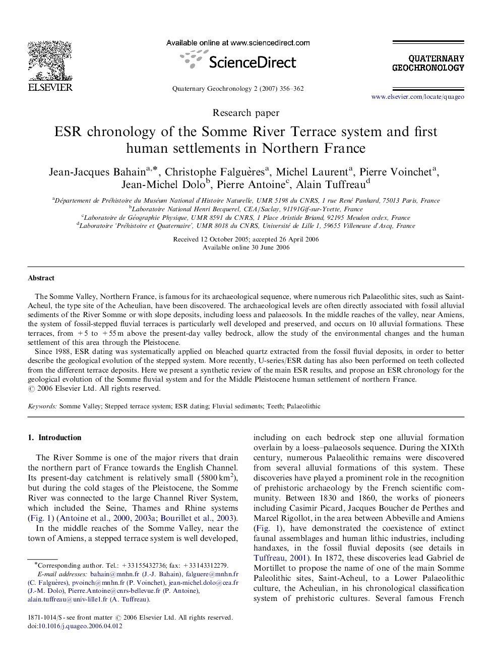 ESR chronology of the Somme River Terrace system and first human settlements in Northern France