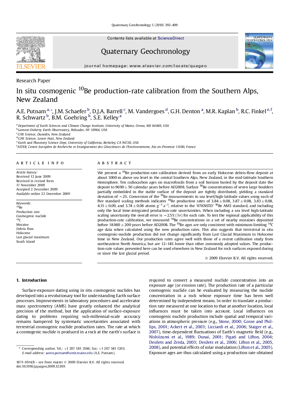 In situ cosmogenic 10Be production-rate calibration from the Southern Alps, New Zealand