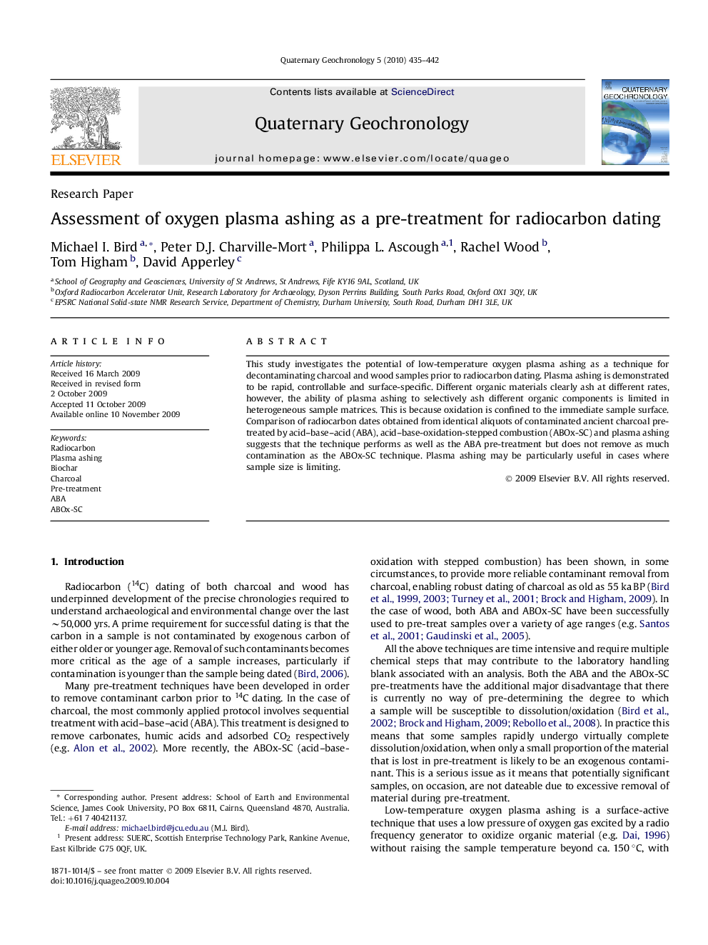 Assessment of oxygen plasma ashing as a pre-treatment for radiocarbon dating