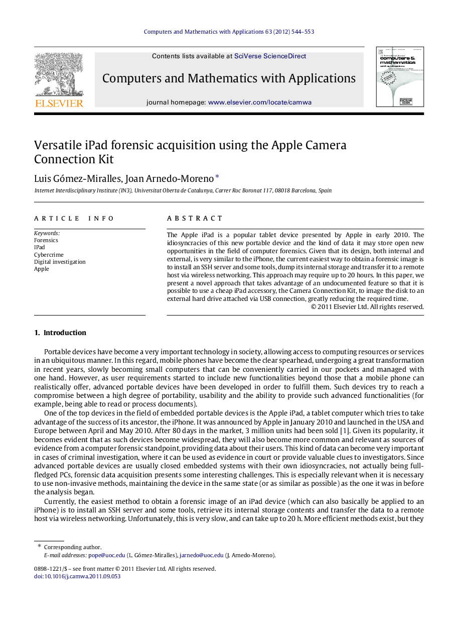 Versatile iPad forensic acquisition using the Apple Camera Connection Kit