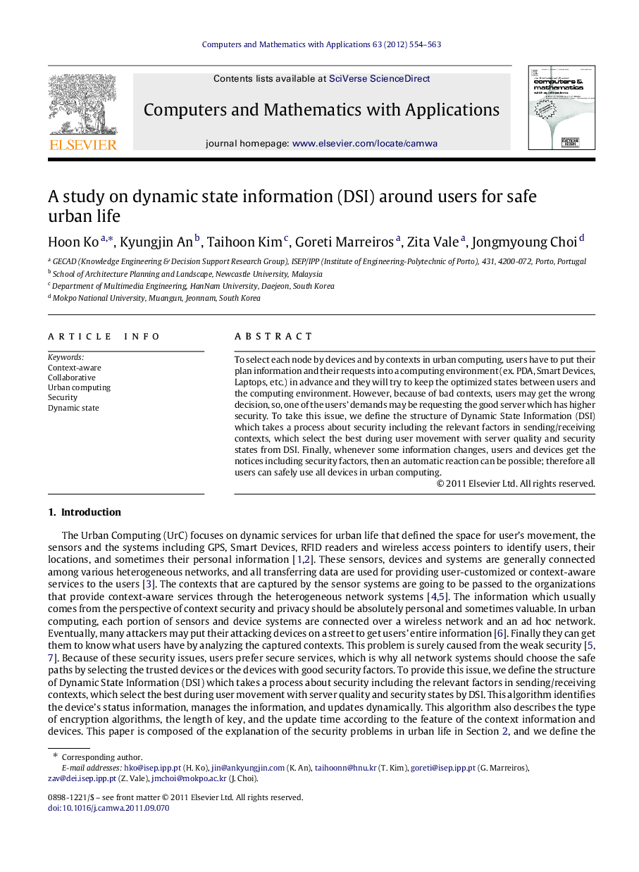 A study on dynamic state information (DSI) around users for safe urban life