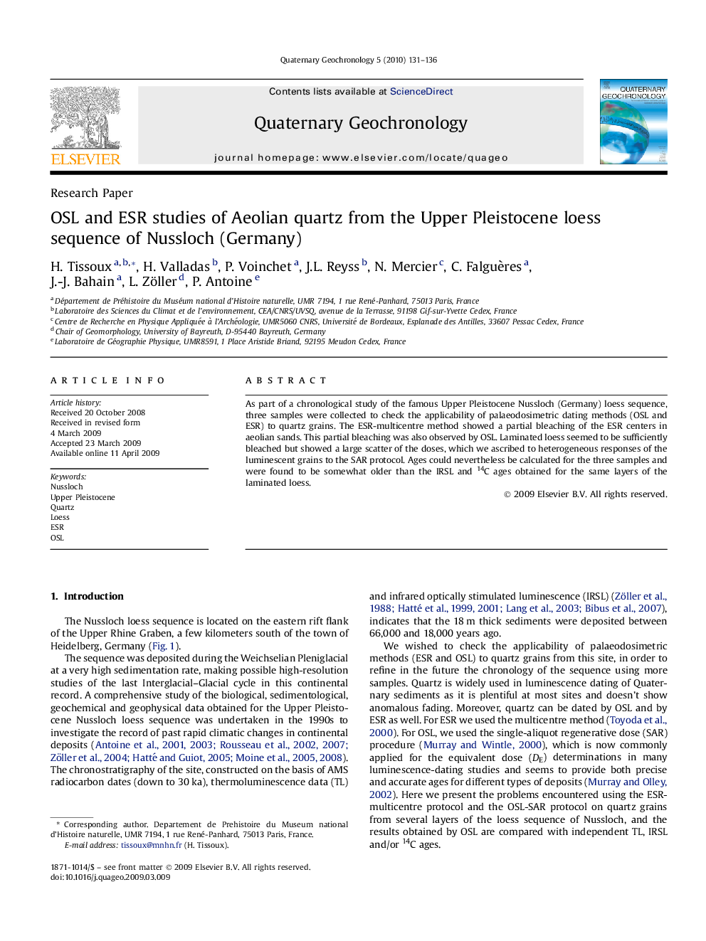 OSL and ESR studies of Aeolian quartz from the Upper Pleistocene loess sequence of Nussloch (Germany)