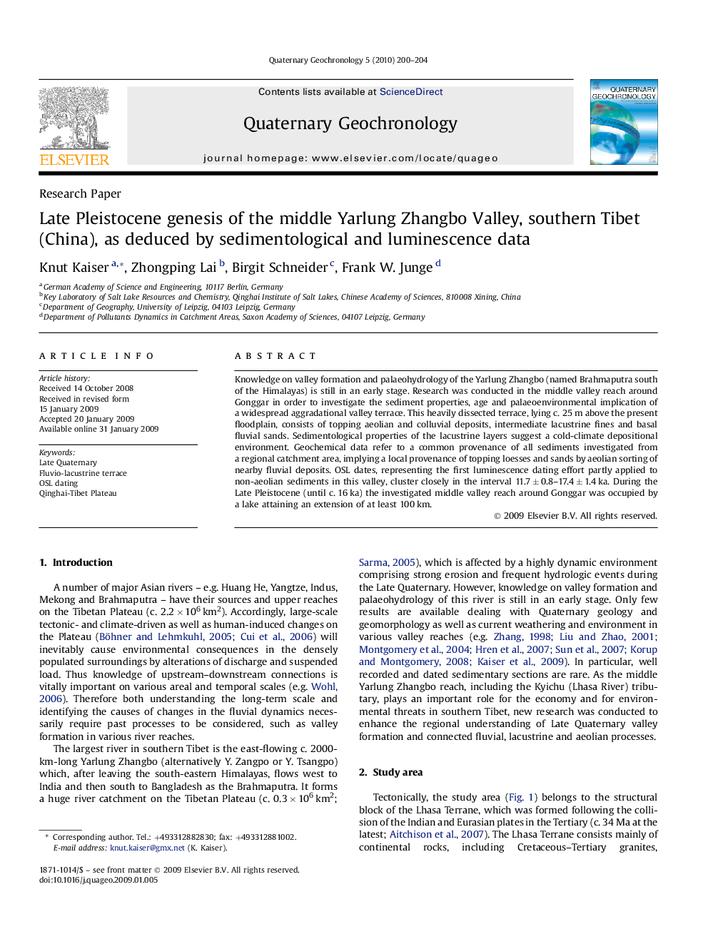 Late Pleistocene genesis of the middle Yarlung Zhangbo Valley, southern Tibet (China), as deduced by sedimentological and luminescence data