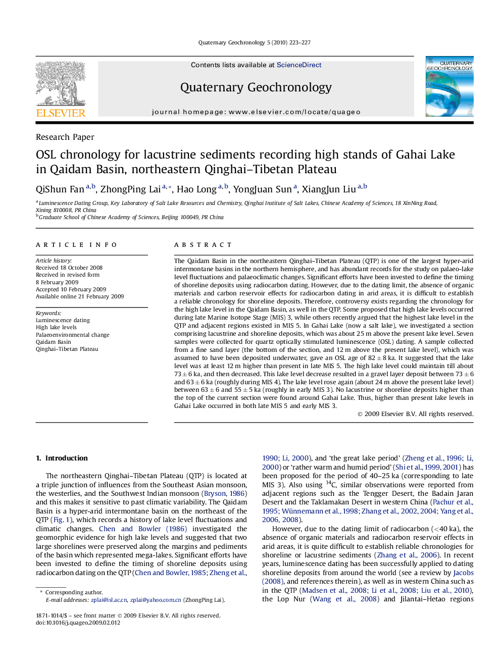 OSL chronology for lacustrine sediments recording high stands of Gahai Lake in Qaidam Basin, northeastern Qinghai–Tibetan Plateau