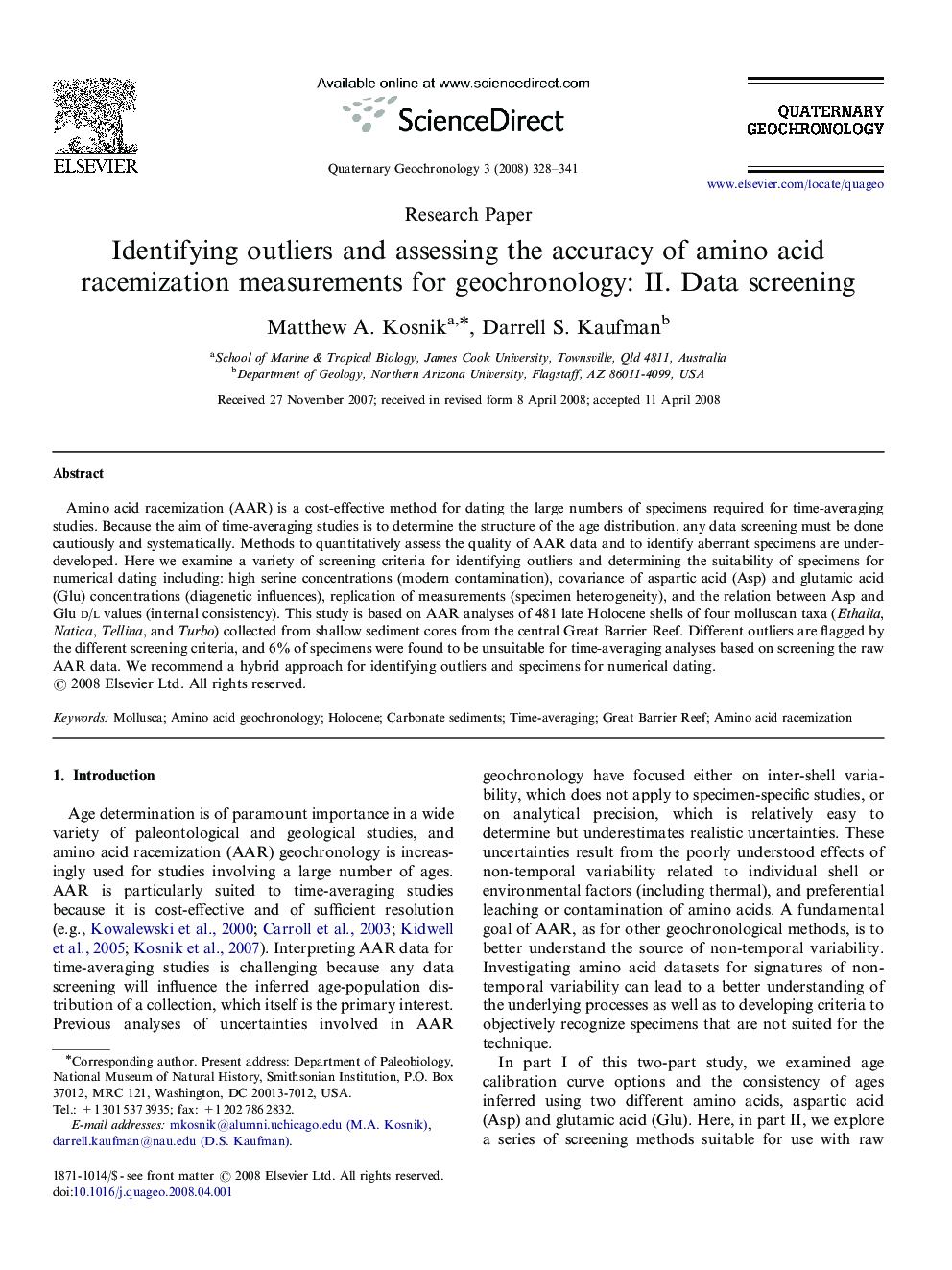 Identifying outliers and assessing the accuracy of amino acid racemization measurements for geochronology: II. Data screening