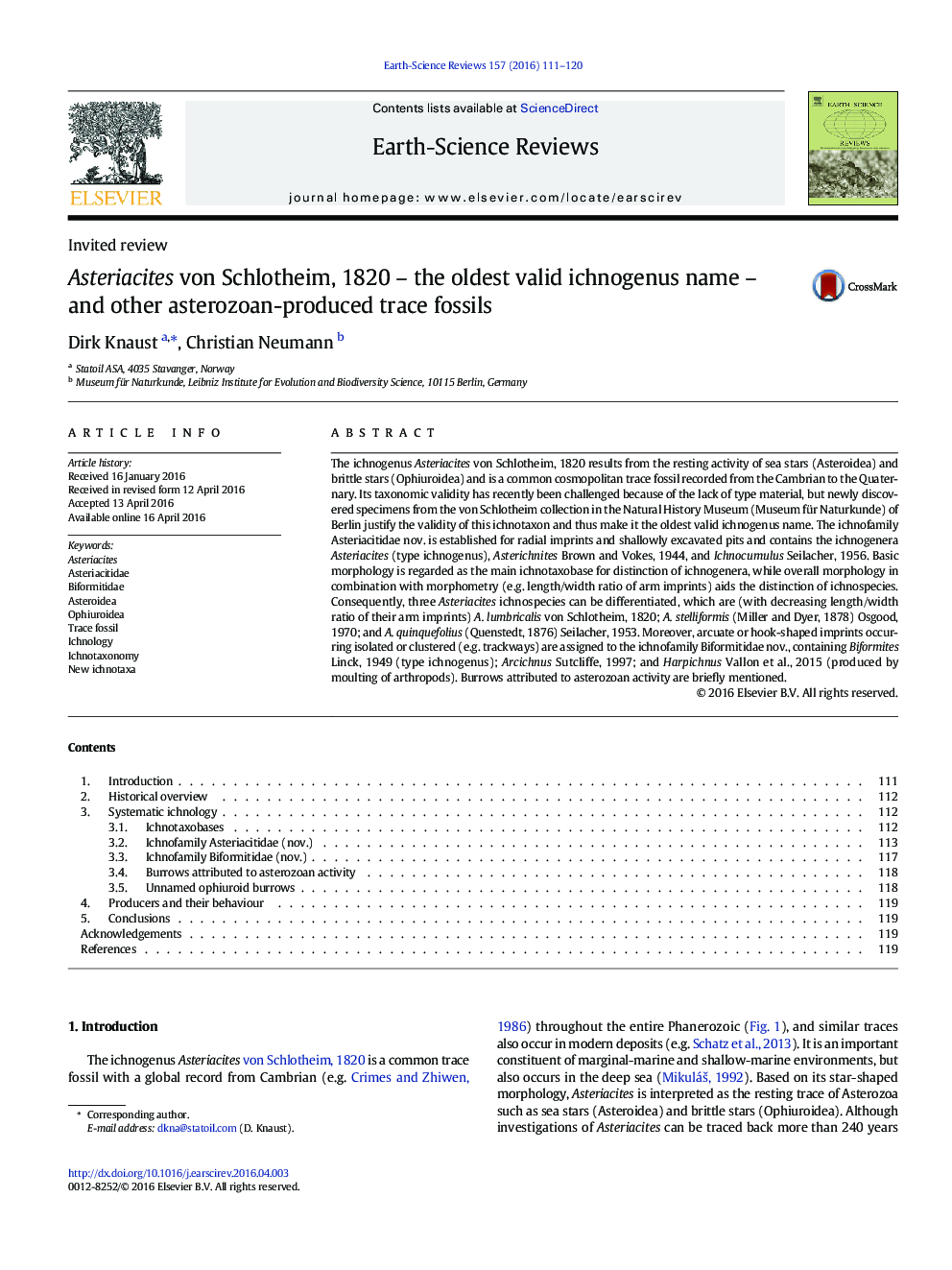 Asteriacites von Schlotheim, 1820 – the oldest valid ichnogenus name – and other asterozoan-produced trace fossils