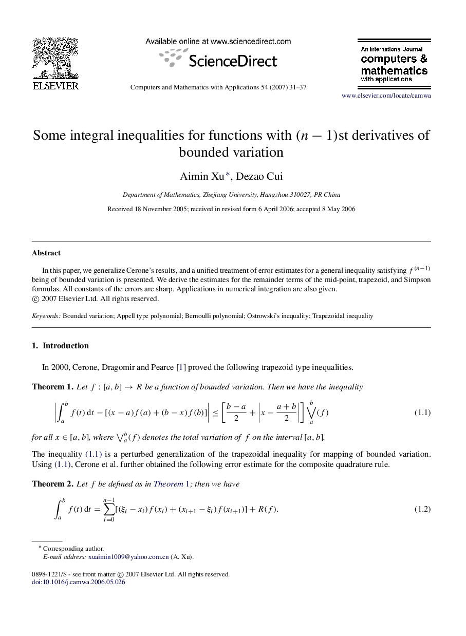 Some integral inequalities for functions with (n−1)st derivatives of bounded variation