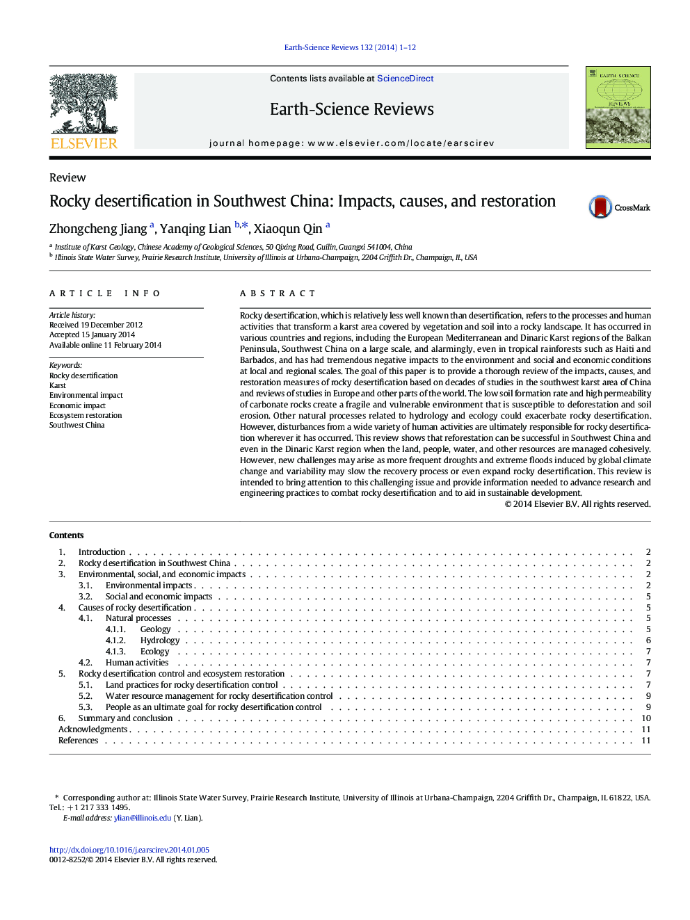 Rocky desertification in Southwest China: Impacts, causes, and restoration