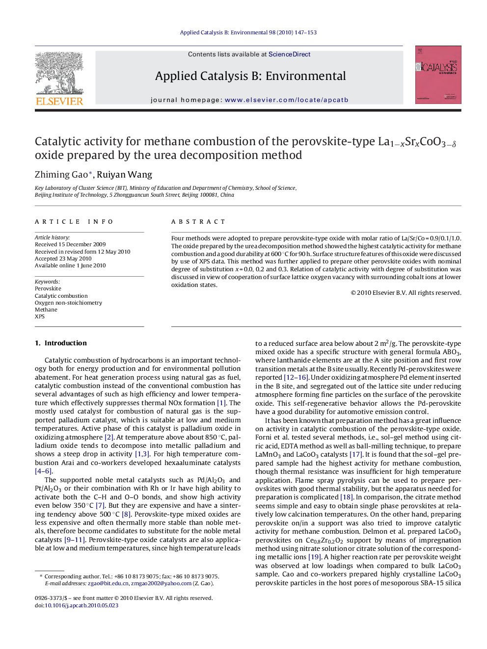 Catalytic activity for methane combustion of the perovskite-type La1−xSrxCoO3−δ oxide prepared by the urea decomposition method