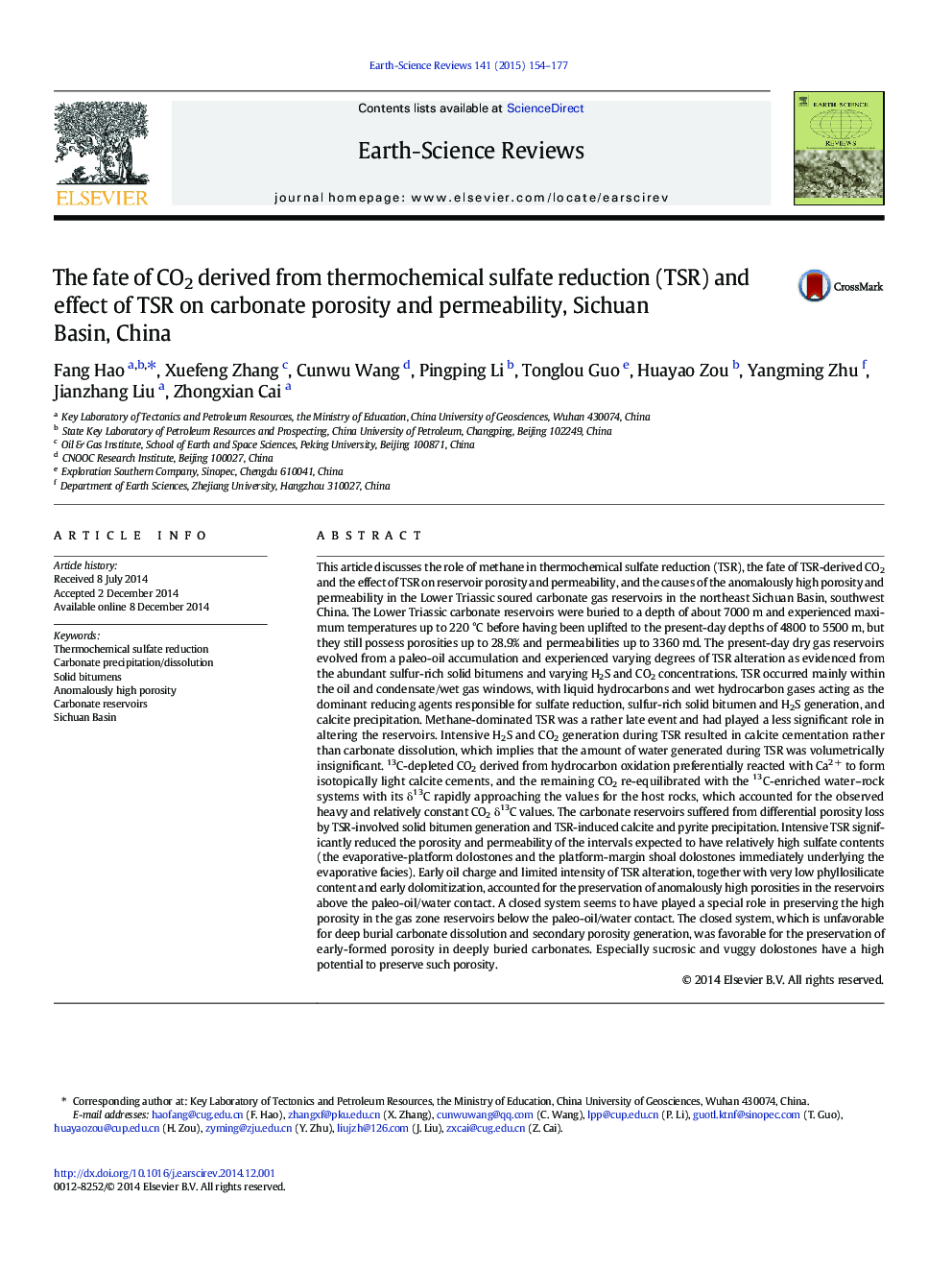 The fate of CO2 derived from thermochemical sulfate reduction (TSR) and effect of TSR on carbonate porosity and permeability, Sichuan Basin, China