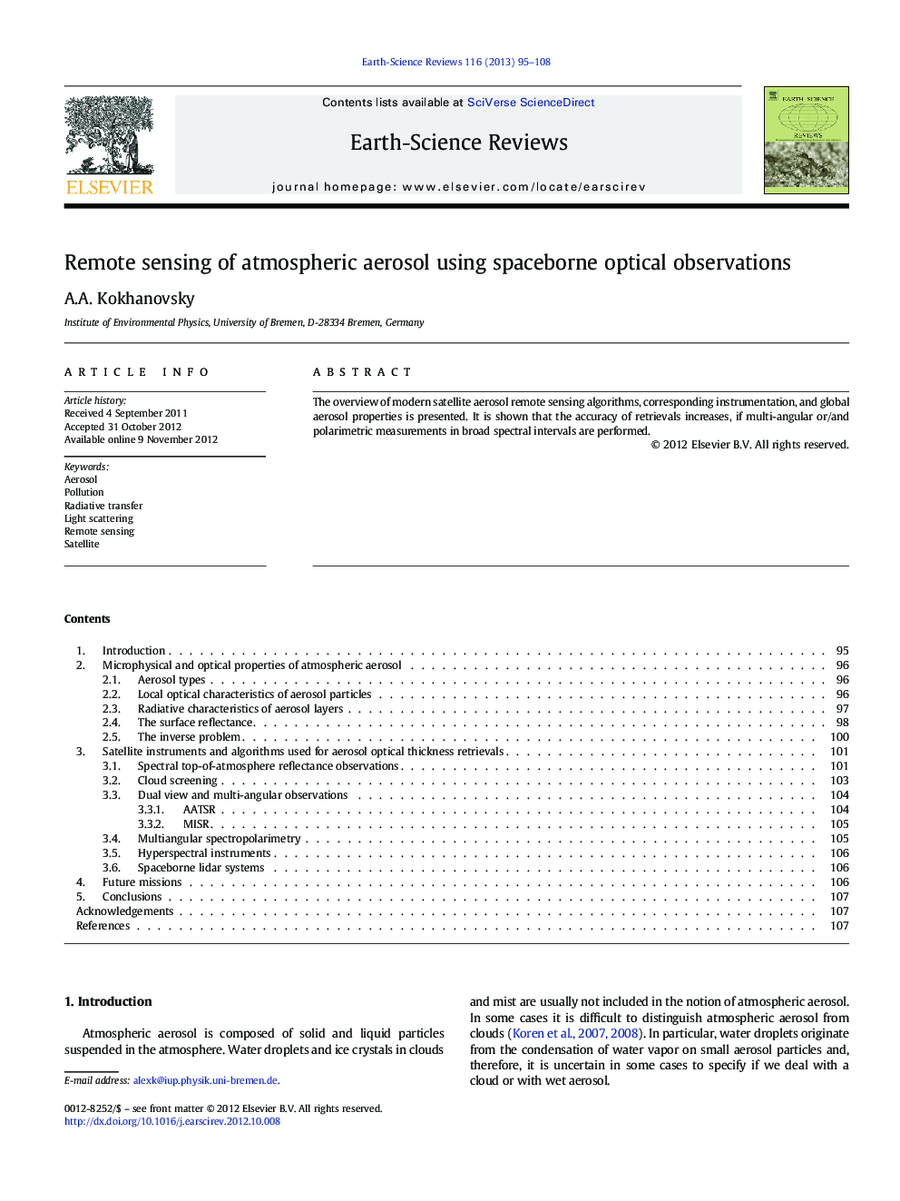 Remote sensing of atmospheric aerosol using spaceborne optical observations