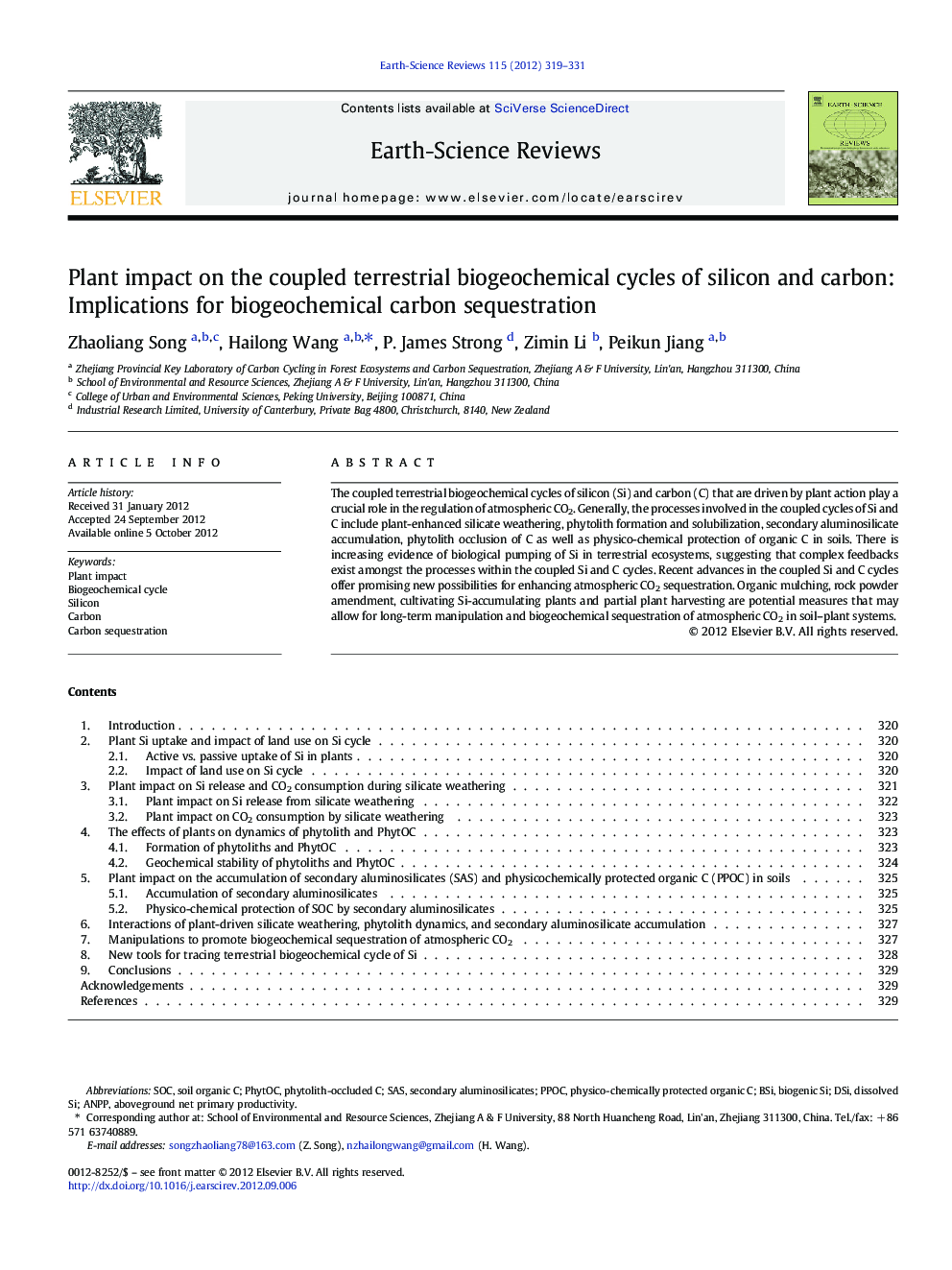 عکس صفحه اول مقاله: Plant impact on the coupled terrestrial biogeochemical cycles of silicon and carbon: Implications for biogeochemical carbon sequestration Plant impact on the coupled terrestrial biogeochemical cycles of silicon and carbon: Implications for biogeochemical carbon sequestration